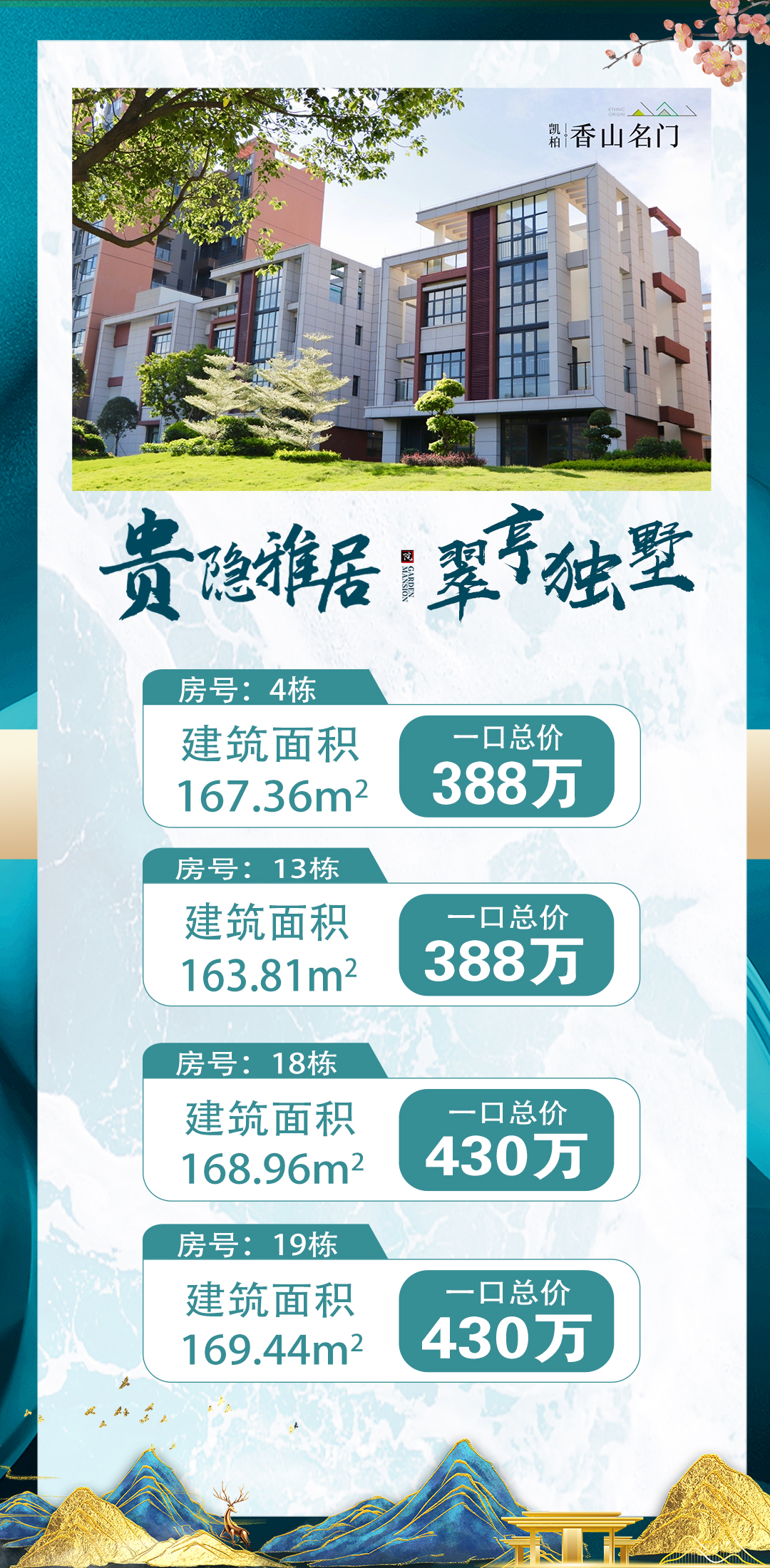 香山名门别墅：4层别墅163-167m²，低至388万/套